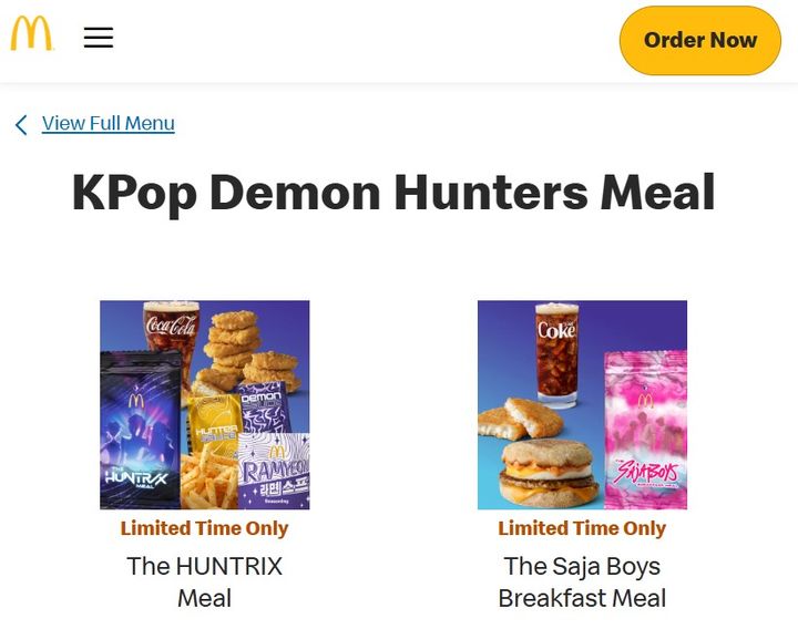 [서울=뉴시스] 지난 1일(현지시각) 미국 음식 전문 매체 델리시(delish)에 따르면 맥도날드는 지난달 31일부터 '케이팝 데몬 헌터스 밀'(KPop Demon Hunters Meal)을 출시했다. (사진=맥도날드 홈페이지 캡처) *재판매 및 DB 금지