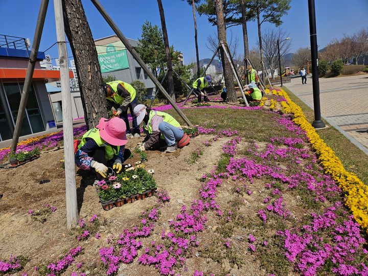 [함안=뉴시스]함안군 공원관리사업소 ,다채로운 봄꽃 식재.(사진=함안군 제공) 2026.04.03.photo@newsis.com *재판매 및 DB 금지