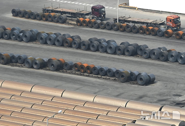 [평택=뉴시스] 김종택 기자 = 3일 경기 평택시 포승읍 평택항 야적장에 철강제품이 쌓여있는 모습. 2026.04.03. jtk@newsis.com