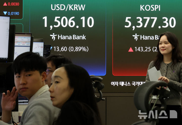 [서울=뉴시스] 박주성 기자 = 3일 오후 서울 중구 하나은행 딜링룸에서 딜러들이 업무를 하고 있다.코스피는 전 거래일(5234.05)보다 143.25포인트(2.74%) 오른 5377.30에 마감했고 서울 외환시장에서 원·달러 환율은 전 거래일(1519.7원)보다 14.5원 내린 1505.2원에 주간 거래를 마감했다. 2026.04.03. park7691@newsis.com