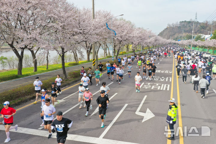 [나주=뉴시스] 이영주 기자 = 5일 오전 전남 나주종합스포츠파크에서 열린 뉴시스광주전남본부·엠디에스앤씨 주최, 나주마라톤동호회 주관 '제12회 나주영산강 마라톤대회'. 10㎞ 코스에 참여한 마라토너들이 벚꽃 아래서 코스를 달리고 있다. 2026.04.05. leeyj2578@newsis.com
