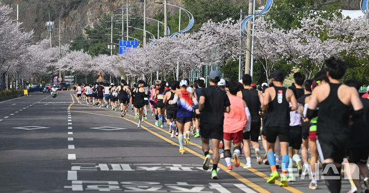 [나주=뉴시스] 이영주 기자 = 5일 오전 전남 나주종합스포츠파크에서 열린 뉴시스광주전남본부·엠디에스앤씨 주최, 나주마라톤동호회 주관 '제12회 나주영산강 마라톤대회'에 참여한 하프 코스 마라토너들이 달리고 있다. 2026.04.05. leeyj2578@newsis.com