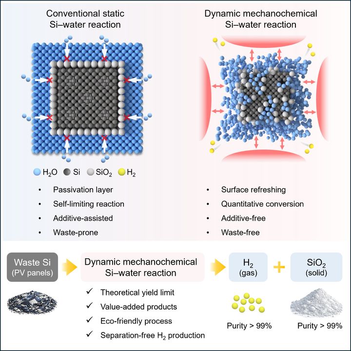 [울산=뉴시스] 실리콘과 물의 반응을 통해 고순도 수소와 실리카를 동시에 생산하는 기술을 설명한 연구그림 (사진=울산과학기술원 제공) 2026.04.06. photo@newsis.com *재판매 및 DB 금지