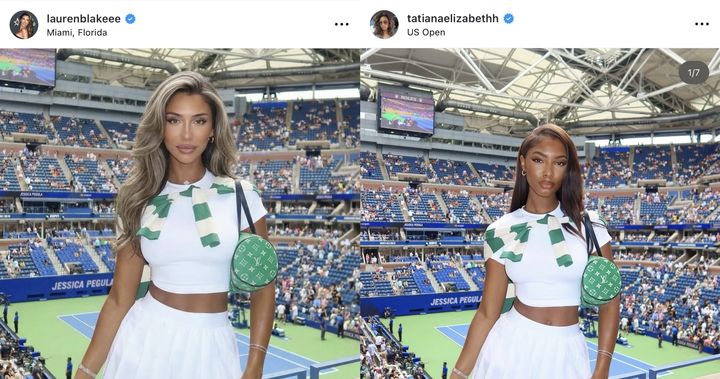 [서울=뉴시스] 백인 인플루언서 로런 블레이크 볼티어(왼쪽)가 흑인 인플루언서 타티아나 엘리자베스의 몸에 자신의 얼굴을 합성한 후 소셜미디어(SNS)에 게시하여 논란이 됐다. (사진='tatianaelizabethh' 스레드 계정 캡처)