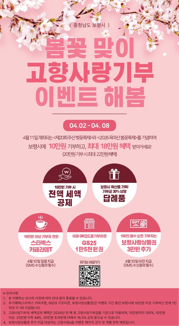 [보령=뉴시스] 보령시 '봄꽃 맞이 고향사랑기부 이벤트 해봄' 포스터. (사진=보령시청 제공) 2026.04.06. photo@newsis.com *재판매 및 DB 금지