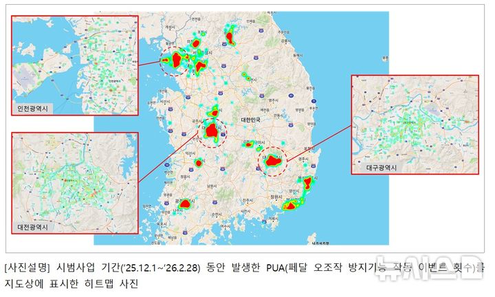 [서울=뉴시스] 페달 오조작 방지 장치 작동 히트맵 빛 변화량 분석. (자료= 한국교통안전공단 제공)