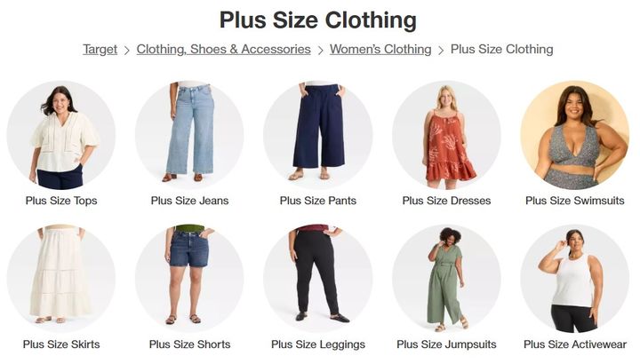 [서울=뉴시스] 미국 대형 마트 '타겟'의 온라인 플러스사이즈 제품 페이지. (사진=타켓 캡처) *재판매 및 DB 금지