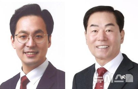 [창원=뉴시스]6일 오후 국민의힘 경남도당 공천관리위원회에서 확정 발표한 김선민(왼쪽) 거제시장 후보와 성낙인 창녕군수 후보.