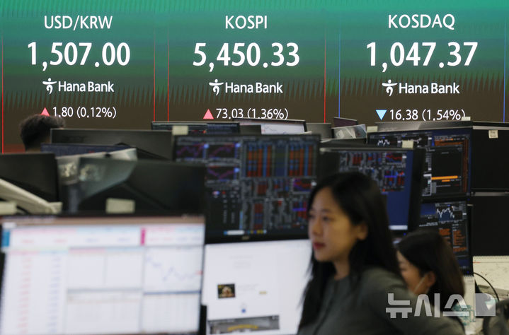 [서울=뉴시스] 김진아 기자 = '확전 불안' 속 코스피가 상승 마감한 6일 서울 중구 하나은행 딜링룸에서 딜러들이 업무를 보고 있다. 코스피는 전 거래일(5377.30)보다 73.03포인트(1.36%) 오른 5450.33에, 코스닥 지수는 전 거래일(1063.75)보다 16.38포인트(1.54%) 내린 1047.37에 거래를 마쳤다. 2026.04.06. bluesoda@newsis.com