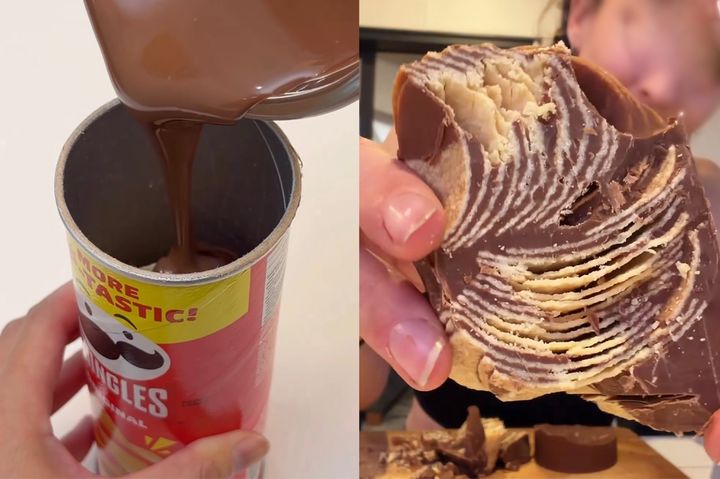 [서울=뉴시스] SNS에서 감자칩 초코블럭 레시피를 따라하는 콘텐츠 (사진=SNS갈무리) 2026.04.07. photo@newsis.com *재판매 및 DB 금지