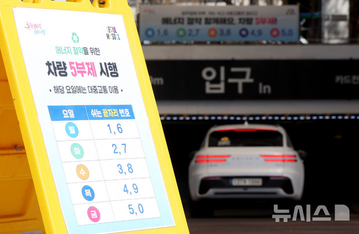 [서울=뉴시스] 김진아 기자 = 공공기관 차량 2부제·공영주차장 5부제를 하루 앞둔 7일 서울 종묘공영주차장 입구에 5부제 시행 관련 안내문이 놓여있다.   정부는 중동전쟁 장기화에 따른 원유 자원안보 위기 단계를 '경계'로 격상함에 따라 오는 8일부터 공공기관은 승용차 2부제(홀짝제), 공영주차장에서는 승용차 5부제(요일제)를 시행한다. 2026.04.07. bluesoda@newsis.com