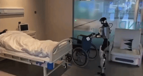 [서울=뉴시스] 중국 로봇 기업 유니트리가 개발한 휴머노이드 로봇 'G1'이 병원에서 환자 보조 업무를 수행하고 있다. (영상=엑스 캡처) *재판매 및 DB 금지 *재판매 및 DB 금지
