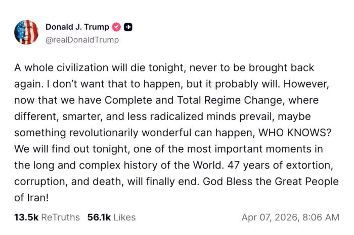 [서울=뉴시스]도널드 트럼프 미 대통령이 7일 오전 8시6분(미 동부시간) 트루스 소셜에 올린 글. 이란 문명 전체가 오늘밤 영원히 사라질 것이라고 위협한 내용이다. 2026.4.8. *재판매 및 DB 금지