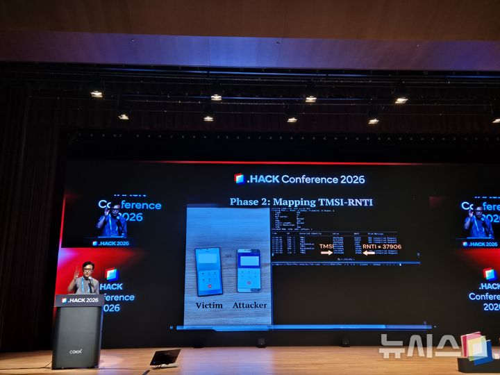 [서울=뉴시스] 신효령 기자= 8일 서울 강남구 코엑스 컨퍼런스룸에서 열린 '닷핵 컨퍼런스 2026(.HACK Conference 2026)'에서 김용대 한국과학기술원(KAIST·카이스트) 석좌교수가 'Cellular Metasploit: 이동통신망을 위한 침투 테스팅 프레임워크'를 주제로 강연했다. 2026.04.08.