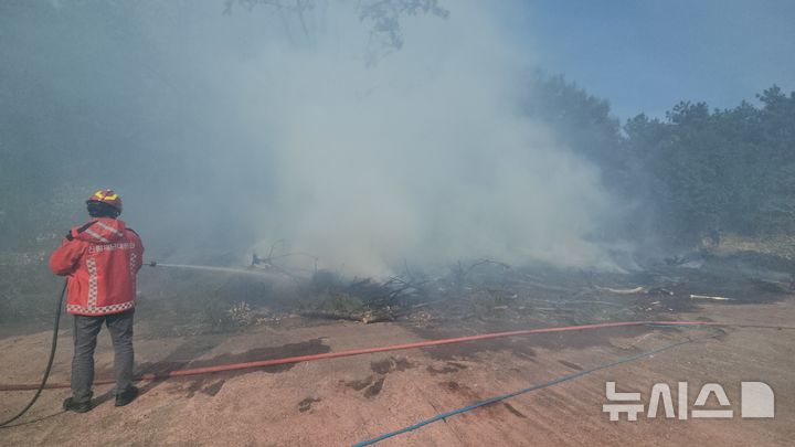 [제주=뉴시스] 8일 오후 제주시 구좌읍 소재 야초지에서 화재가 발생해 소방당국이 진화에 나서고 있다. (사진=제주소방안전본부 제공) 2026.04.08. photo@newsis.com