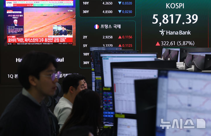 [서울=뉴시스] 황준선 기자 = 미국과 이란이 2주간 휴전에 사실상 합의한 지난 8일 오전 서울 중구 하나은행 딜링룸에 코스피와 관련 보도가 송출되고 있다. 2026.04.08. hwang@newsis.com