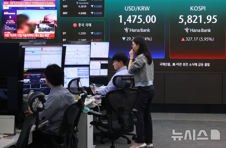 [서울=뉴시스] 황준선 기자 = 미국과 이란이 2주간 휴전에 사실상 합의한 8일 오전 서울 중구 하나은행 딜링룸에 코스피 지수와 원·달러 환율, 관련 보도가 송출되고 있다. 2026.04.08. hwang@newsis.com