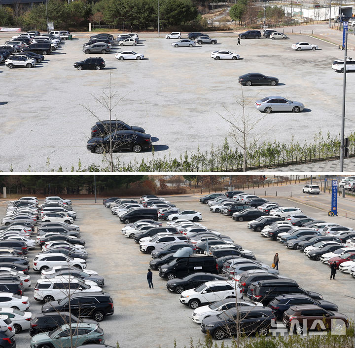 [세종=뉴시스] 강종민 기자 = 자원안보위기 단계가 ‘경계’로 격상함에 따라 공공기관 차량 2부제(홀짝제)가 시작된 8일 세종시 정부세종청사 인근 임시옥외 주차장이 여유로운 모습을 보이고 있다.(위) 아래 사진은 지난달 25일 5부제 시행 당시 가득찬 주차장 모습. 2026.04.08. ppkjm@newsis.com