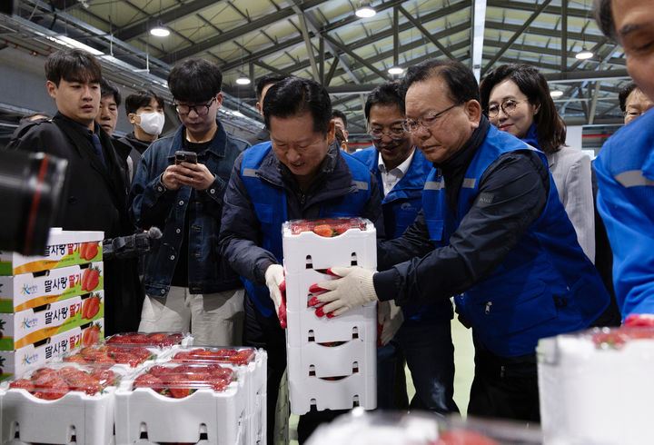 [서울=뉴시스] 정청래 더불어민주당 대표와 김부겸 민주당 대구시장 후보가 8일 오전 대구 북구 매천동 농수산물도매시장에서 민생현장 체험을 하고 있다.(사진=더불어민주당 제공) 2025.04.08. photo@newsis.com *재판매 및 DB 금지