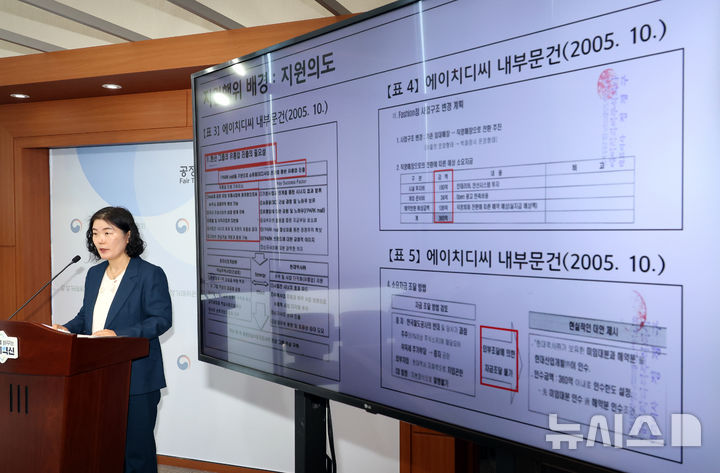 [세종=뉴시스] 강종민 기자 = 이순미 공정거래위원회 상임위원이 8일 세종시 정부세종청사에서 HDC(주)가 임대차 거래로 위장해 계열사인 HDC아이파크몰에게 임대보증금 명목의 자금을 사실상 무이자로 제공한 행위에 대해 시정명령과 171.3억원의 과징금을 부과한다고 밝히고 있다. 2026.04.08. ppkjm@newsis.com