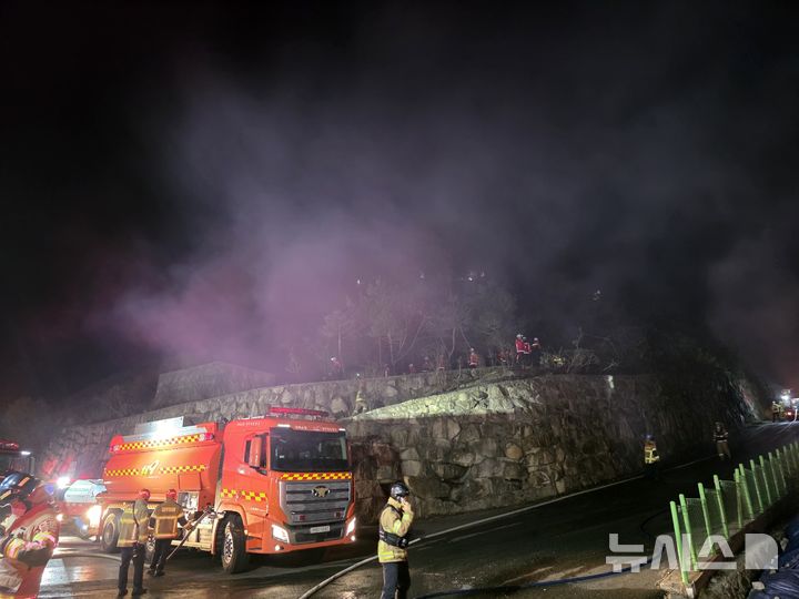 [경주=뉴시스] 경주시 외동읍 제내리 공장 인근의 야산 진화 현장 (사진=독자 제공) 2026.4.9. photo@newsis.com