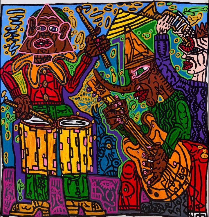 Robert Combas, Les musiciens en triplette. Y'a un géométrique batteur triangulaire à coup de trique. Y'a le tronc péteur à bouche sur front et le noir menteur guitariste et accessoirement pied de cymbale, 2008. Acrylic on canvas, 212 x 205 cm. *재판매 및 DB 금지