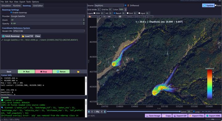 [대전=뉴시스] 한국지질자원연구원이 개발한 화재와 산사태로 인한 토석류 등의 피해를 예측하는 'KIGAM-DF'를 실행한 화면.  *재판매 및 DB 금지