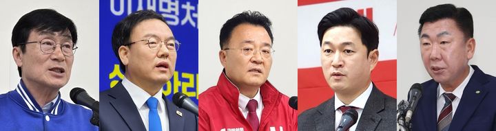 [청주=뉴시스] 왼쪽부터 더불어민주당 이장섭·박완희 예비후보, 국민의힘 서승우·이욱희 예비후보, 이범석 시장. photo@newsis.com *재판매 및 DB 금지