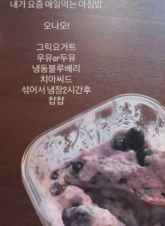 [서울=뉴시스] 지난 7일 배우 진서연은 소셜미디어(SNS) 인스타그램을 통해 아침에 즐겨 먹는 오트밀 식단을 공유했다. 진서연은 오트밀을 그릭 요거트, 냉동 블루베리, 치아씨드, 우유·두유 등과 섞어서 2시간 냉장 보관한 후 섭취했다고 밝혔다. (사진=진서연 인스타그램 캡처)