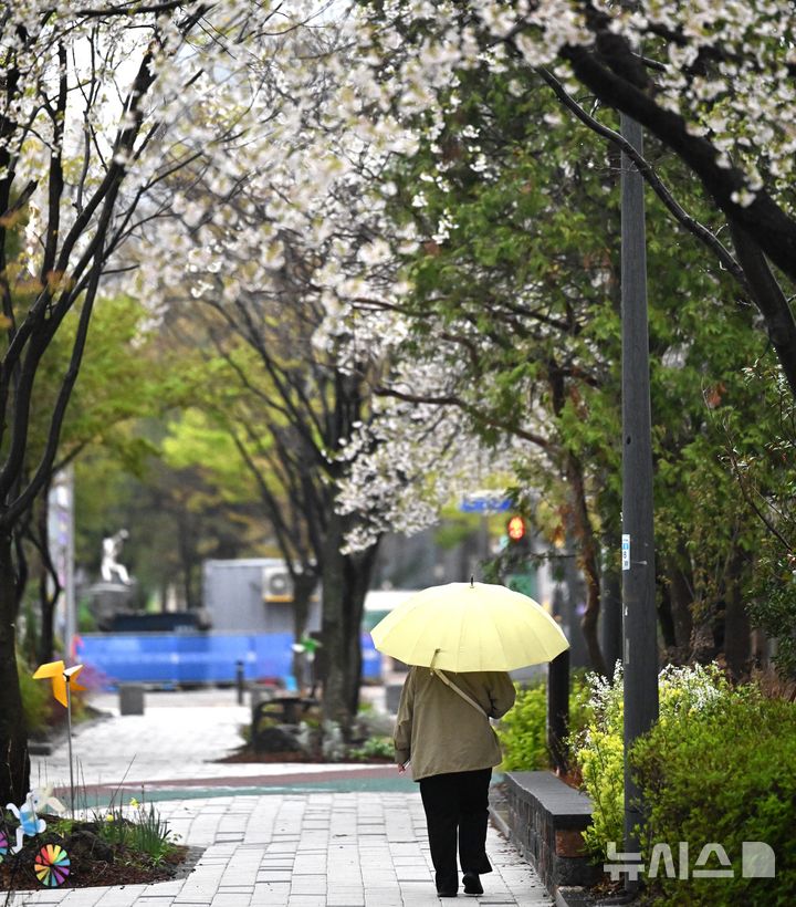 [광주=뉴시스] 이현행 기자 = 광주·전남에 최대 120㎜ 비가 예보된 9일 오전 광주 서구 치평동 한 거리에서 시민이 우산을 쓰고 출근길에 나서고 있다. 2026.04.09. lhh@newsis.com