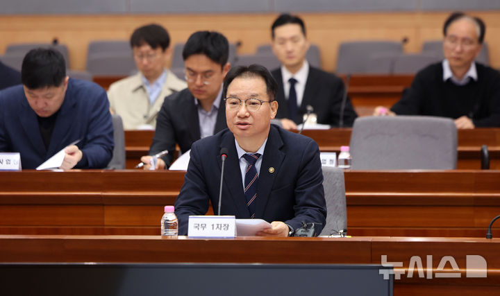 [서울=뉴시스] 김선웅 기자 = 김영수 국무1차장이 9일 서울 종로구 정부서울청사에서 열린 드론·대드론 통합 TF 제2차 전체회의에서 모두발언을 하고 있다. 2026.04.09. mangusta@newsis.com