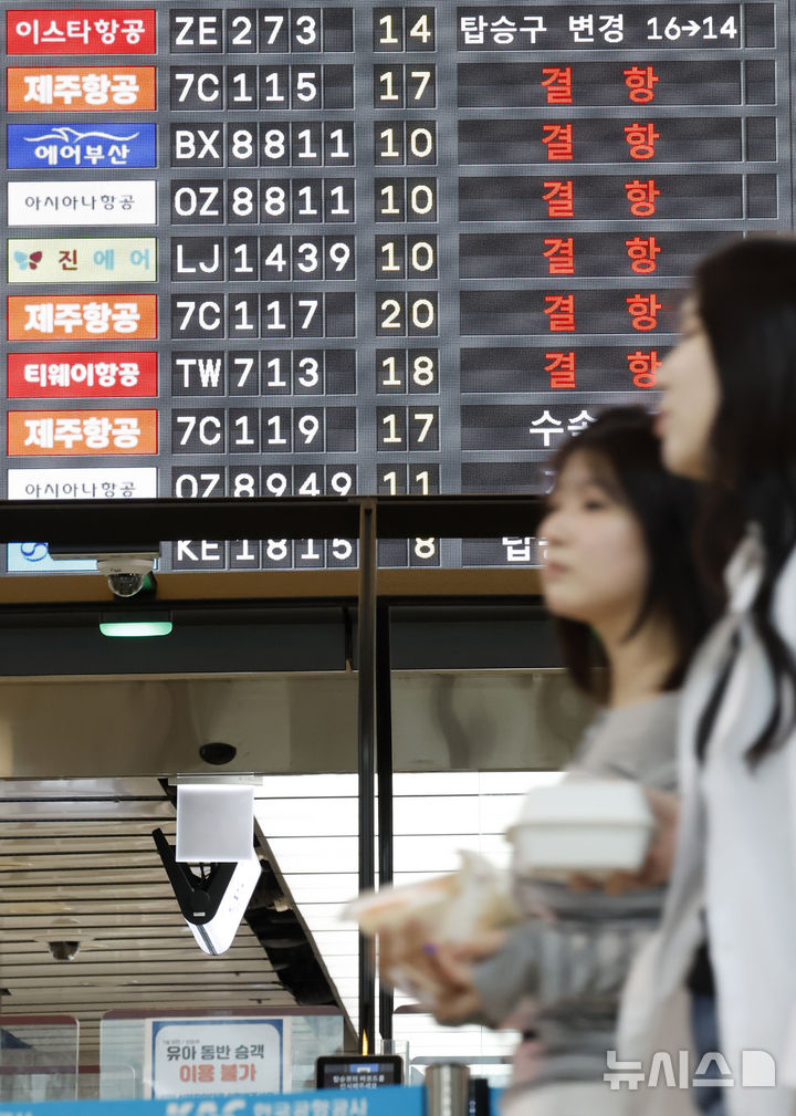 [서울=뉴시스] 김혜진 기자 = 제주에 강풍을 동반한 많은 비가 내리면서 제주와 다른 지역을 오가는 항공기 운항이 지연된 9일 서울 강서구 김포공항 국내선 청사 전광판에 항공기 지연 안내가 나오고 있다. 2026.04.09. jini@newsis.com