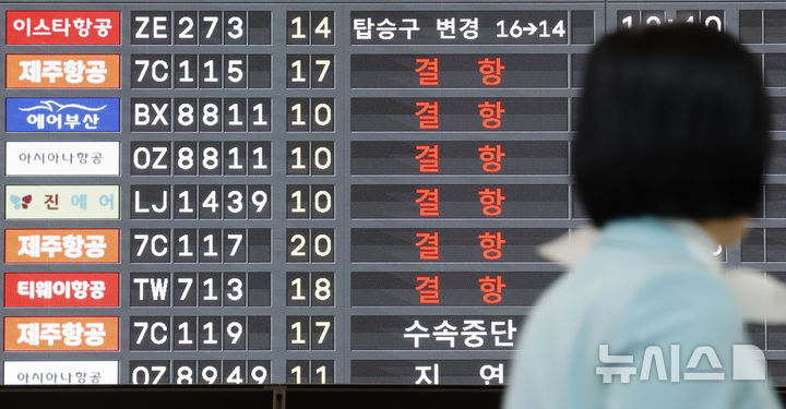 [서울=뉴시스] 김혜진 기자 = 제주에 강풍을 동반한 많은 비가 내리면서 제주와 다른 지역을 오가는 항공기 운항이 지연된 9일 서울 강서구 김포공항 국내선 청사 전광판에 항공기 지연 안내가 나오고 있다. 2026.04.09. jini@newsis.com