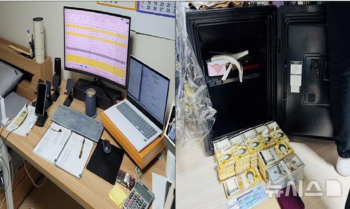 [서울=뉴시스]서울 마포경찰서는 대부업법 위반 등 혐의를 받는 일당 8명을 검거해 이 중 업장 대표와 총괄 관리자, 콜센터 담당, 수금책 등 4명을 구속 송치하고, 나머지 4명은 불구속 송치했다고 10일 밝혔다. 사진은 일당이 대부 업무에 사용한 노트북, 휴대전화, 장부와 금고에 보관하고 있던 현금 1억6천만원 (사진=마포경찰서 제공) 2026.04.10. photo@newsis.com