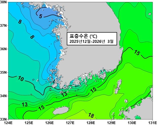 [부산=뉴시스] 최근 2년(2025년 12월~2026년 3월)간 겨울철 한반도 주변 해역 표층수온 분포도. (사진=국립수산과학원 제공) 2026.04.10. photo@newsis.com *재판매 및 DB 금지