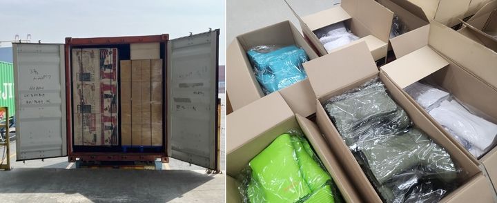 [수원=뉴시스] 이 사건 컨테이너에 실려있던 대마 은닉 박스의 모습. 사진 오른쪽을 보면 박스에 의류 등을 같이 넣어 대마를 숨긴 것을 확인할 수 있다. (사진=합수본 제공) 2026.04.10 photo@newsis.com *재판매 및 DB 금지