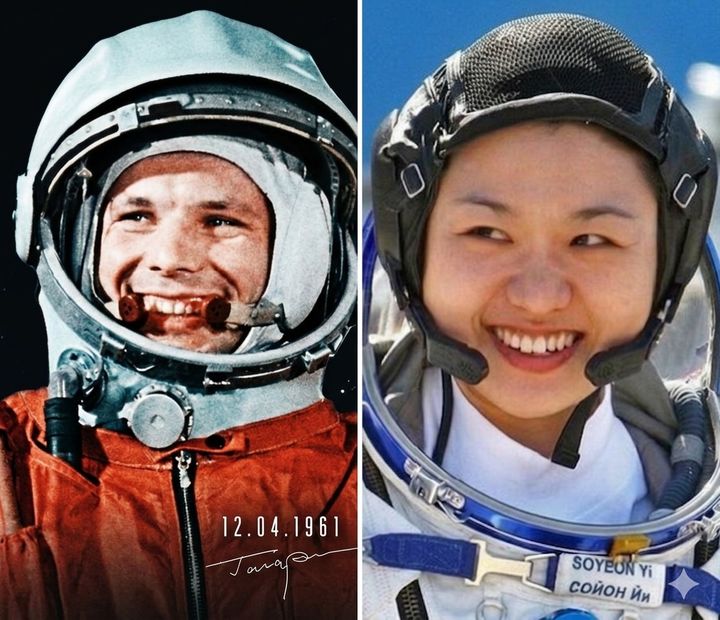 [서울=뉴시스] 1961년 4월 12일 인류 최초 지구 궤도 유인 우주비행 임무를 완수한 소비에트연방의 유리 가가린(왼쪽)과 2008년 러시아 우주선 '소유즈 TMA-12'를 타고 우주를 향했던 한국 최초 우주비행사 이소연. (사진=주한러시아대사관 제공) 2026.04.12.