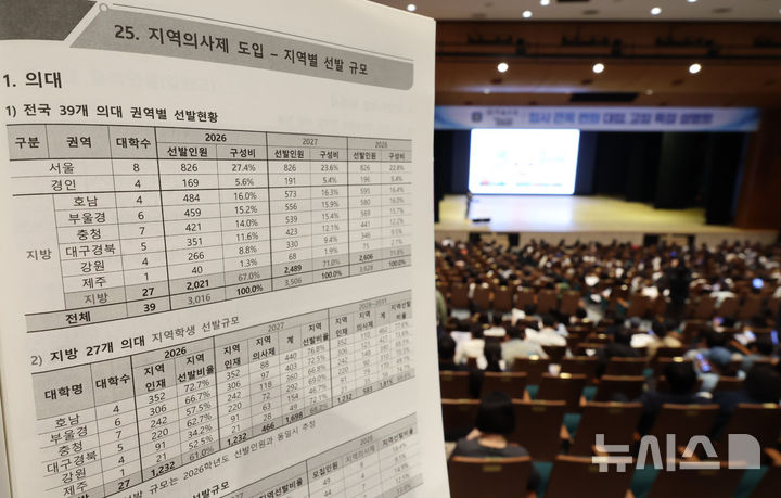 [서울=뉴시스] 황준선 기자 = 12일 서울 종로구 성균관대학교에서 열린 하늘교육-단비교육 공동주최 지역의사제 도입 초중고 의대 및 대입변화 특집 설명회를 찾은 학부모들이 입시 설명을 듣고 있다. 2026.04.12. hwang@newsis.com