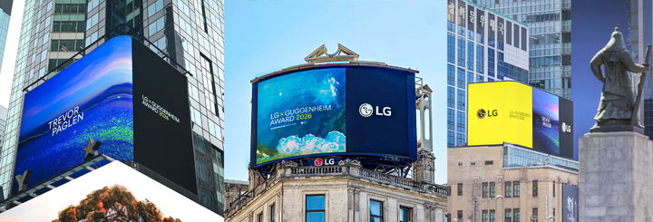 (왼쪽부터)뉴욕 타임스 스퀘어, 런던 피카딜리 서커스, 서울 광화문광장에서 2026년 LG 구겐하임 어워드 수상자 트레버 페글렌의 수상을 축하하는 영상이 상영되고 있다.(사진제공=LG) *재판매 및 DB 금지