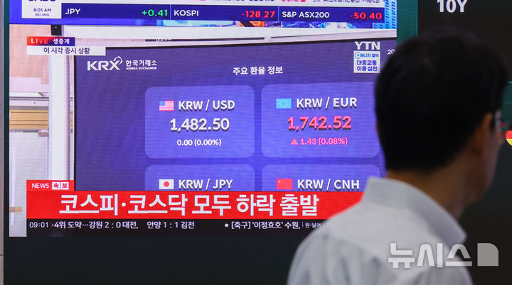 [서울=뉴시스] 미국과 이란 간 협상이 합의 없이 종료되고 도널드 트럼프 미국 대통령이 호르무즈 해협 봉쇄 방침을 밝히면서, 국제 유가가 다시 배럴당 100달러를 넘어서고 아시아 증시는 하락세를 보였다. 사진은 13일 오전 서울 중구 하나은행 딜링룸 전광판에 관련 보도가 송출되고 있다. 2026.04.13.