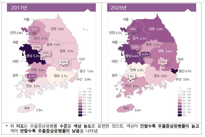 [세종=뉴시스]시·도별 우울증상유병률 추이 지도. (사진=질병관리청 제공) 2026.04.14. photo@newsis.com *재판매 및 DB 금지