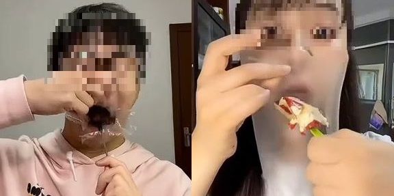 [서울=뉴시스] 최근 중국에서 비닐 랩에 싼 음식을 씹은 뒤 뱉는 '플라스틱 다이어트'가 유행하고 있다. 전문가들은 이 방법이 몸에 악영향을 줄 수 있다고 경고했다. (사진=틱톡 캡처)