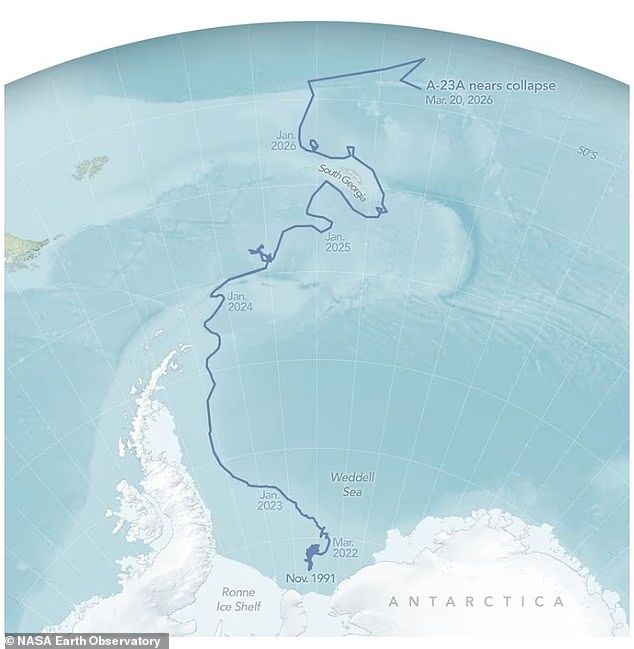 [서울=뉴시스] A-23의 1986 분리 이후부터 붕괴 당시까지의 이동경로.(사진출처: NASA 공식 블로그) 2026.04.14.