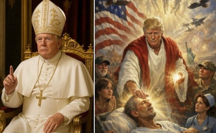 [서울=뉴시스] 왼쪽은 도널드 트럼프 미국 대통령이 교황 복장을 한 AI 사진. 오른쪽은 12일 트럼프 대통령이 자신의 SNS 트루스소셜에 올렸다 하루도 안돼 내린 AI 합성 예수 사진. (사진=@realDonaldTrump 트루스소셜 캡처) *재판매 및 DB 금지