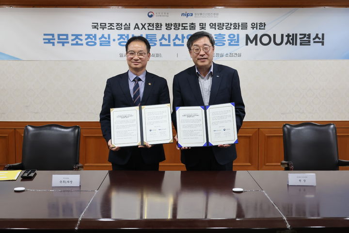 정보통신산업진흥원와 국무조정실이 인공지능 전환 가속화를 위한 소프트웨어 발주기술지원 업무협약(MOU)를 체결했다. 국무조정실 김영수 국무1차장, 정보통신산업진흥원 박윤규 원장. (사진=NIPA 제공) *재판매 및 DB 금지