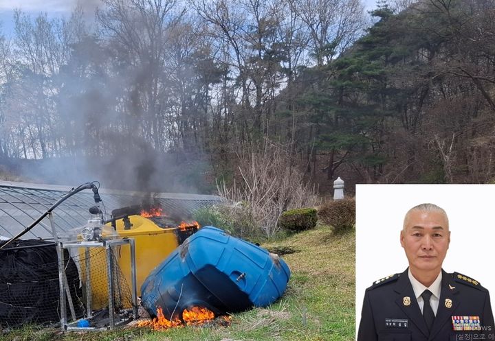 [보은=뉴시스] 보은읍 화재 현장과 이심길 속리산산악구조전문 의용소방대장. (사진=보은소방서 제공) 2026.04.15. photo@newsis.com *재판매 및 DB 금지