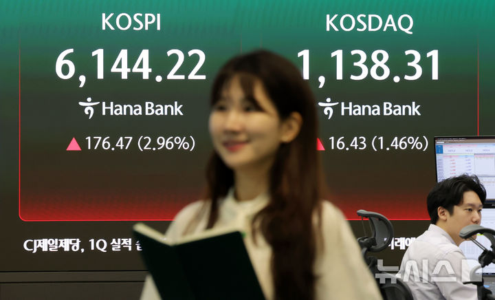 [서울=뉴시스] 홍효식 기자 = 사진은 코스피가 전 거래일(5967.75)보다 173.85포인트(2.91%) 상승한 6141.60에 개장한 15일 오전 서울 중구 하나은행 딜링룸 전광판에 지수가 표시되고 있는 모습. 2026.04.15. yesphoto@newsis.com