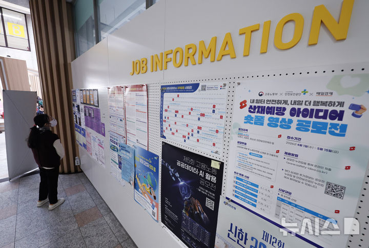 [서울=뉴시스] 김진아 기자 = 3월 취업자 수가 두 달 연속 20만명대 증가하며 고용률도 통계 작성 이래 3월 기준 최고치를 기록했다. 하지만 청년층의 경우 취업자가 41개월 연속 감소하고 고용률도 23개월째 하락하는 등 연령별 고용 격차가 뚜렷해지는 모습이다. 사진은 15일 서울 시내 한 대학교 일자리플러스센터에서 학생이 채용정보 게시판을 확인하고 있다. 2026.04.15. bluesoda@newsis.com
