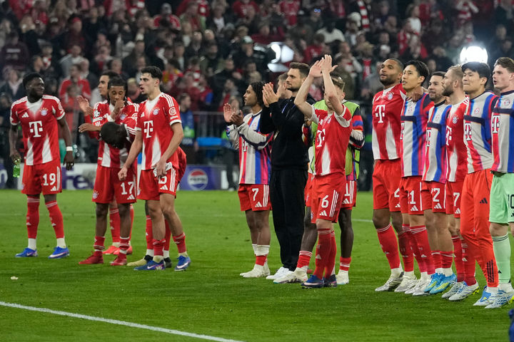 [뮌헨=AP/뉴시스] 독일 프로축구 분데스리가 바이에른 뮌헨, 2025~2026시즌 유럽축구연맹(UEFA) 챔피언스리그(UCL) 준결승 진출. 2026.04.15.