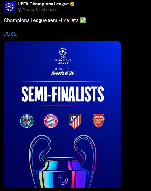 [서울=뉴시스] 2025~2026시즌 유럽축구연맹(UEFA) 챔피언스리그(UCL) 4강에 진출한 파리 생제르맹(PSG), 바이에른 뮌헨, 아틀레티코 마드리드, 아스널. (사진=UCL SNS 캡처) 2026.04.16. photo@newsis.com *재판매 및 DB 금지